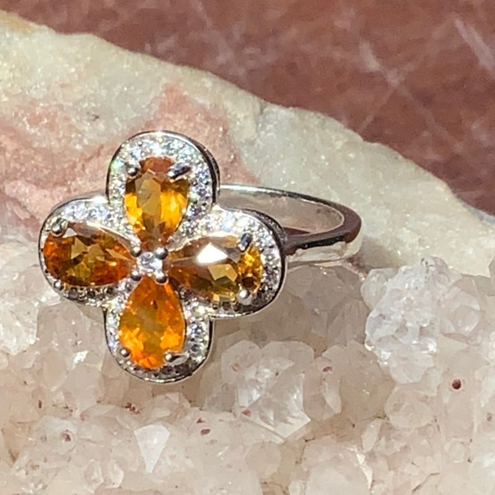 CITRINE & SIMULATED CUBIC ZIRCONIA 925 STERLING SILVER RING, SIZE 6.75